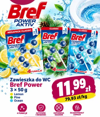 Zawieszka do WC Bref Power Lemon 3-pak 50 g promocja w emma MARKET