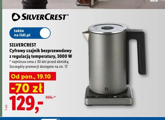 Cyfrowy czajnik bezprzewodowy z regulacją temperatury 3000W Silvercrest promocja w Lidl