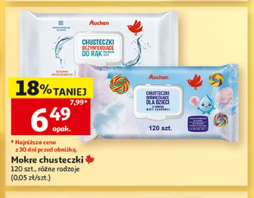 Mokre chusteczki dezynfekujące do rąk Auchan promocja w Auchan