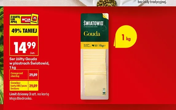 Ser żółty Gouda w plastrach Światowid 1kg promocja w Biedronka