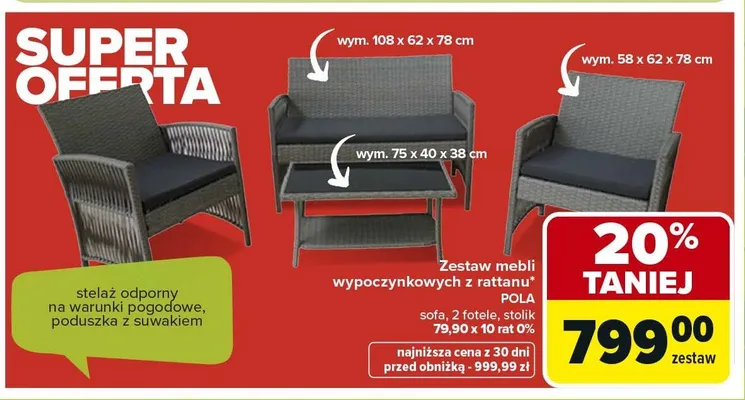 Zestaw mebli wypoczynkowych z rattanu Pola promocja w Carrefour