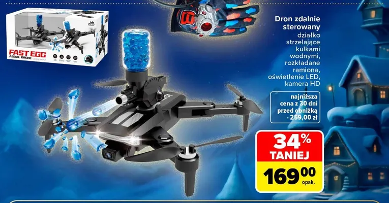 Dron zdalnie sterowany z działkiem strzelającym kulkami wodnymi Fast Egg promocja w Carrefour