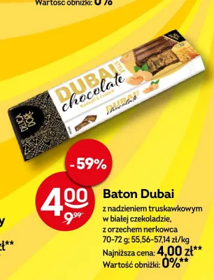 Baton Dubai z nadzieniem truskawkowym w białej czekoladzie z orzechem nerkowca Delica Dore promocja w Żabka