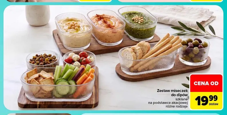 Zestaw miseczek do dipów szklane na podstawce akacjowej promocja w Carrefour