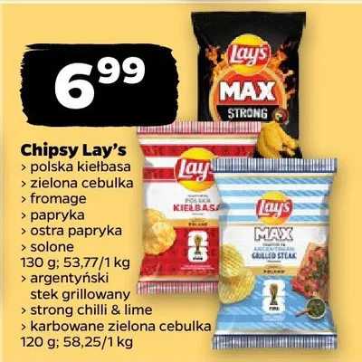 Chipsy lay's polska kiełbasa, zielona cebulka, fromage, papryka, ostra papryka, solone promocja w Netto