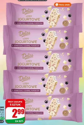 Lody na patyku jogurtowe z sorbetem z czarnej porzeczki Deliss promocja w Dino
