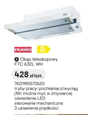 Okap teleskopowy FRANKE FTC 632l WH promocja w Castorama