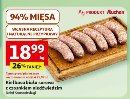 Kiełbasa biała surowa z czosnkiem niedźwiedzim promocja w Auchan