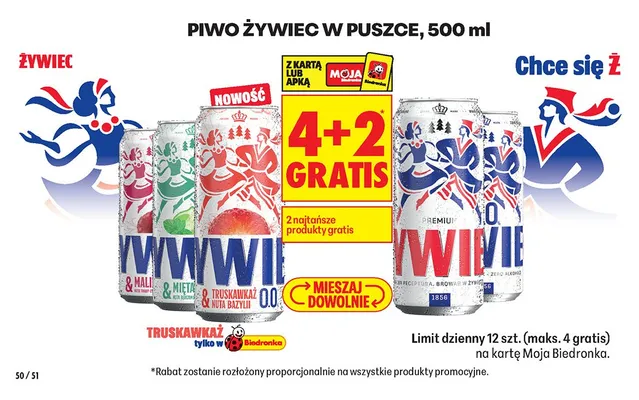 Piwo Żywiec w puszce, różne rodzaje 4+2 GRATIS promocja w Biedronka