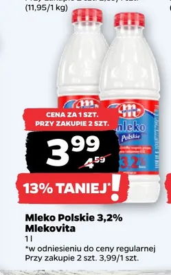 Mleko Polskie Mlekovita 3,2% promocja w Netto