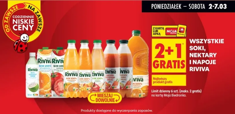 Wszystkie soki, nektary i napoje Riviva 2+1 GRATIS promocja w Biedronka
