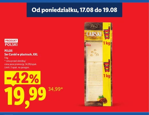Ser Carski w plastrach XXL Pilos promocja w Lidl