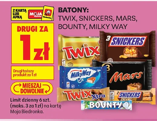 Batony: Twix, Snickers, Mars, Boubty, Milky Way DRUGI ZA 1 ZŁ promocja w Biedronka