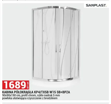 Kabina półokrągła Sanplast. KP4/TX5B W15 SB+BPZA 90x90x190cm profil chrom szkło nadruk 5mm powłoka ułatwiająca czyszczenie z brodzikiem promocja w Merkury Market