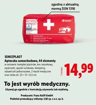 Apteczka samochodowa 44 elementy Sensiplast promocja w Lidl