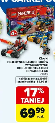 Klocki pojedynek samochodów wyścigowych rogue kontra drix NINJAGO LEGO 71840 promocja w Carrefour