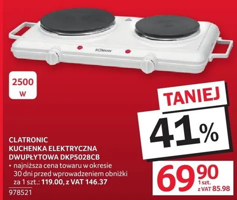 Kuchenka elektryczna dwupłytowa Clatronic DKP 3028CB 2500W promocja w Selgros
