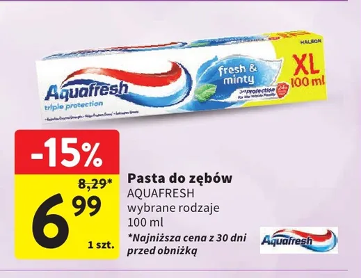 Pasta do zębów Aquafresh Triple Protection Fresh & Minty promocja w Intermarche