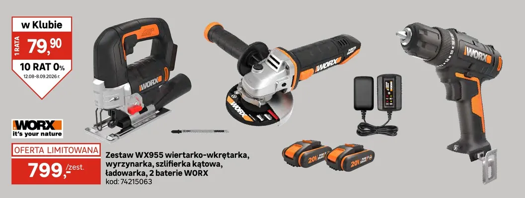 Zestaw wiertarko-wkrętarka + wyrzynarka + szlifierka kątowa Worx promocja w Leroy Merlin