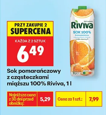 Sok pomarańczowy z cząsteczkami miąższu 100% Riviva promocja w Biedronka