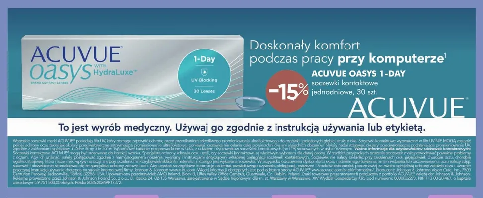 Soczewki kontaktowe jednodniowe Acuvue Oasys 1-Day promocja w Super-Pharm