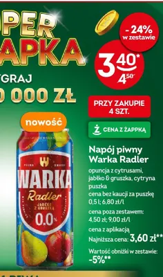 Piwo bezalkoholowe Warka Radler cytryna 0,0% promocja w Żabka
