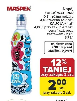 Napój KUBUŚ WATERRR malina promocja w Carrefour