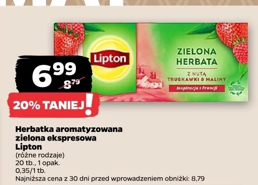 Herbatka aromatyzowana zielona ekspresowa Lipton z nutą truskawki i maliny promocja w Netto