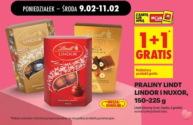 Praliny Lindor i Nuxor 1+1 GRATIS promocja w Biedronka