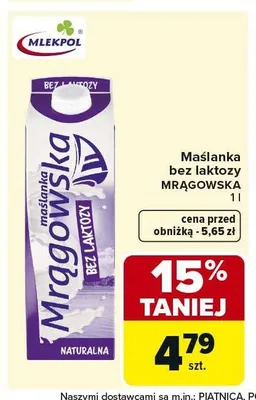 Maślanka bez laktozy MRĄGOWSKA promocja w Carrefour