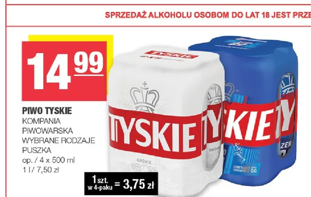 Piwo Tyskie Gronie 4-pak 500 ml promocja w SPAR