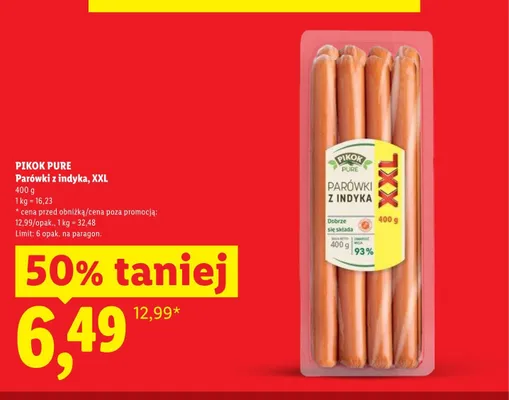 Parówki z indyka XXL Pikok Pure promocja w Lidl