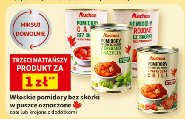Włoskie pomidory bez skórki w puszce oznaczone, całe lub krojone z dodatkami promocja w Auchan