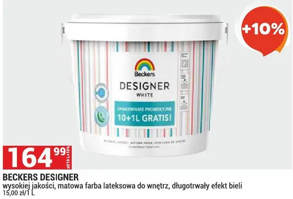 Beckers Designer White matowa farba lateksowa do wnętrz długotrwały efekt bieli promocja w Merkury Market