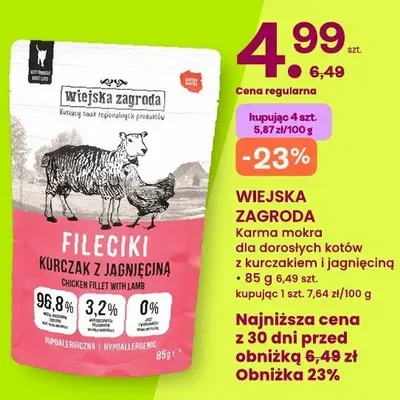 Karma mokra dla dorosłych kotów z kurczakiem i jagnięciną Wiejska Zagroda Fileciki promocja w Frisco