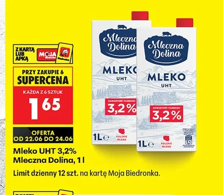 Mleko UHT 3,2% Mleczna Dolina promocja w Biedronka
