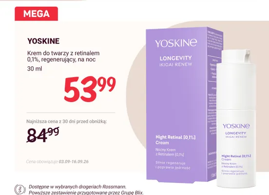 Krem do twarzy z retinalem 0,1% regenerujący na noc Yoskine promocja w Rossmann