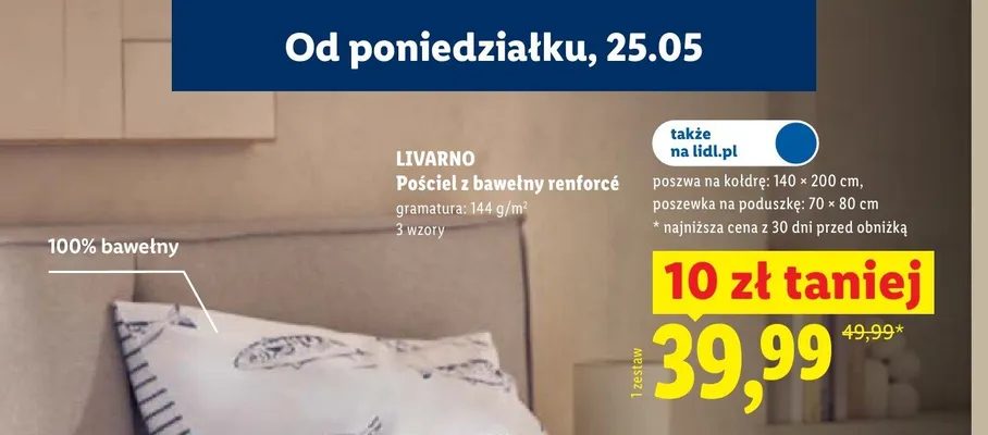 Pościel z bawełny renforcé LIVARNO 140x200cm 70x80cm promocja w Lidl
