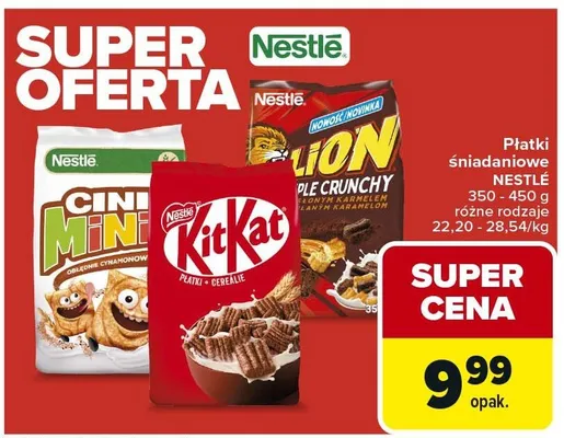 Płatki śniadaniowe Cini Minis, Kit Kat, Lion różne rodzaje promocja w Carrefour