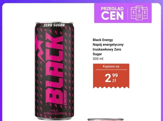 Napój energetyczny Black Energy truskawkowy Zero Sugar promocja w Dino