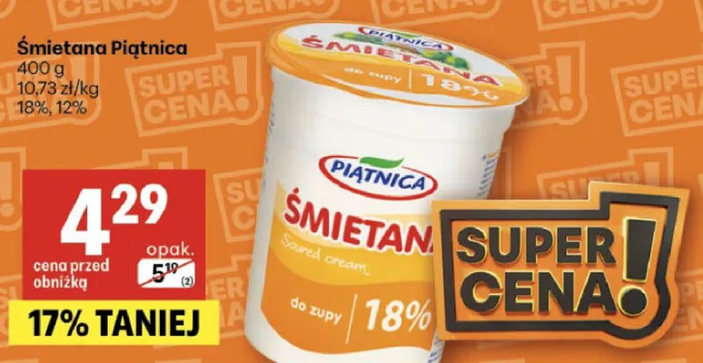 Śmietana Piątnica 18%, 12% promocja w Delikatesy Centrum