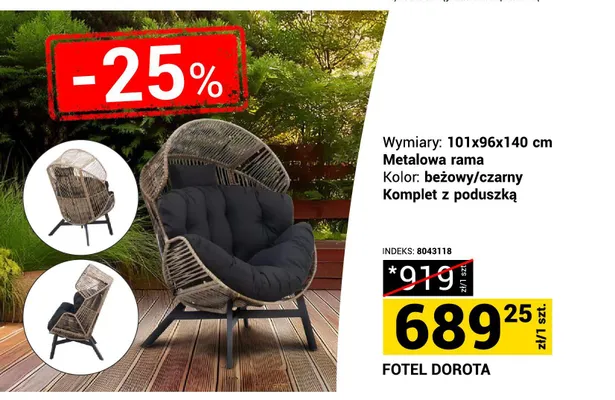 Fotel Dorota 101x96x140cm metalowa rama beżowy/czarny komplet z poduszką promocja w Merkury Market