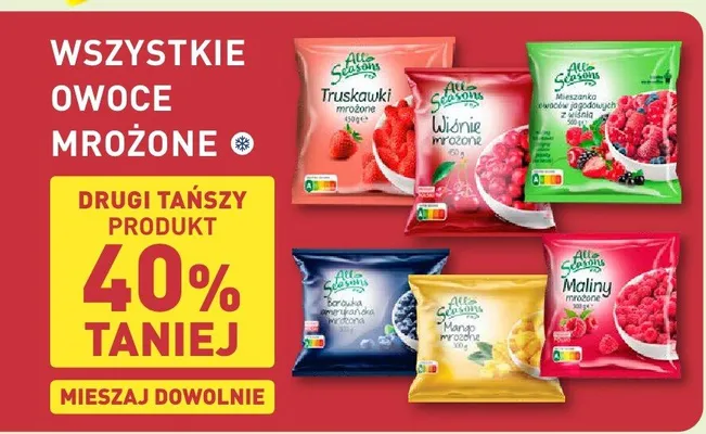 Owoce mrożone truskawki, wiśnie, jagody, maliny, borówki promocja w Aldi