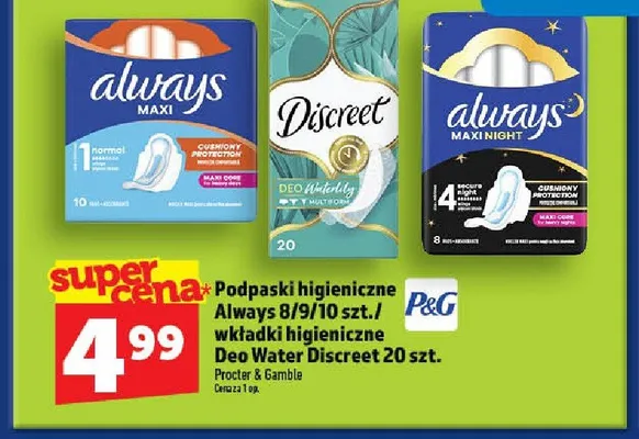 Podpaski higieniczne Always / wkładki higieniczne Deo Water Discreet promocja w TOPAZ