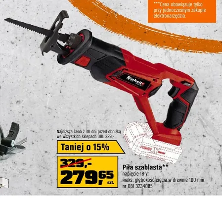 Piła szablasta Einhell napięcie 18V, maks. głębokość cięcia w drewnie 100mm promocja w OBI
