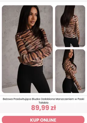 Beżowa prześwitująca bluzka ozdobiona marszczeniem w paski Talabia Reneé promocja w Renee