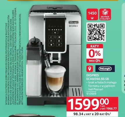 Ekspres ciśnieniowy DeLonghi Dinamica ECAM350,50.SB promocja w Selgros