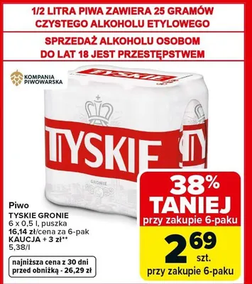 Piwo Tyskie Gronie zgrzewka 6x0,5l puszka promocja w Carrefour