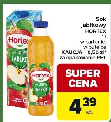 Sok jabłkowy w kartonie, w butelce KAUCJA + 0,50 zł* lub opakowanie PET promocja w Carrefour Express