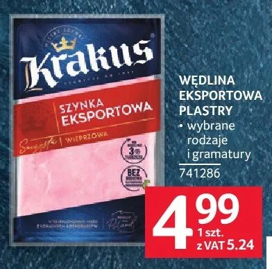 Wędlina eksportowa plastry Krakus wybrane rodzaje i gramatury promocja w Selgros